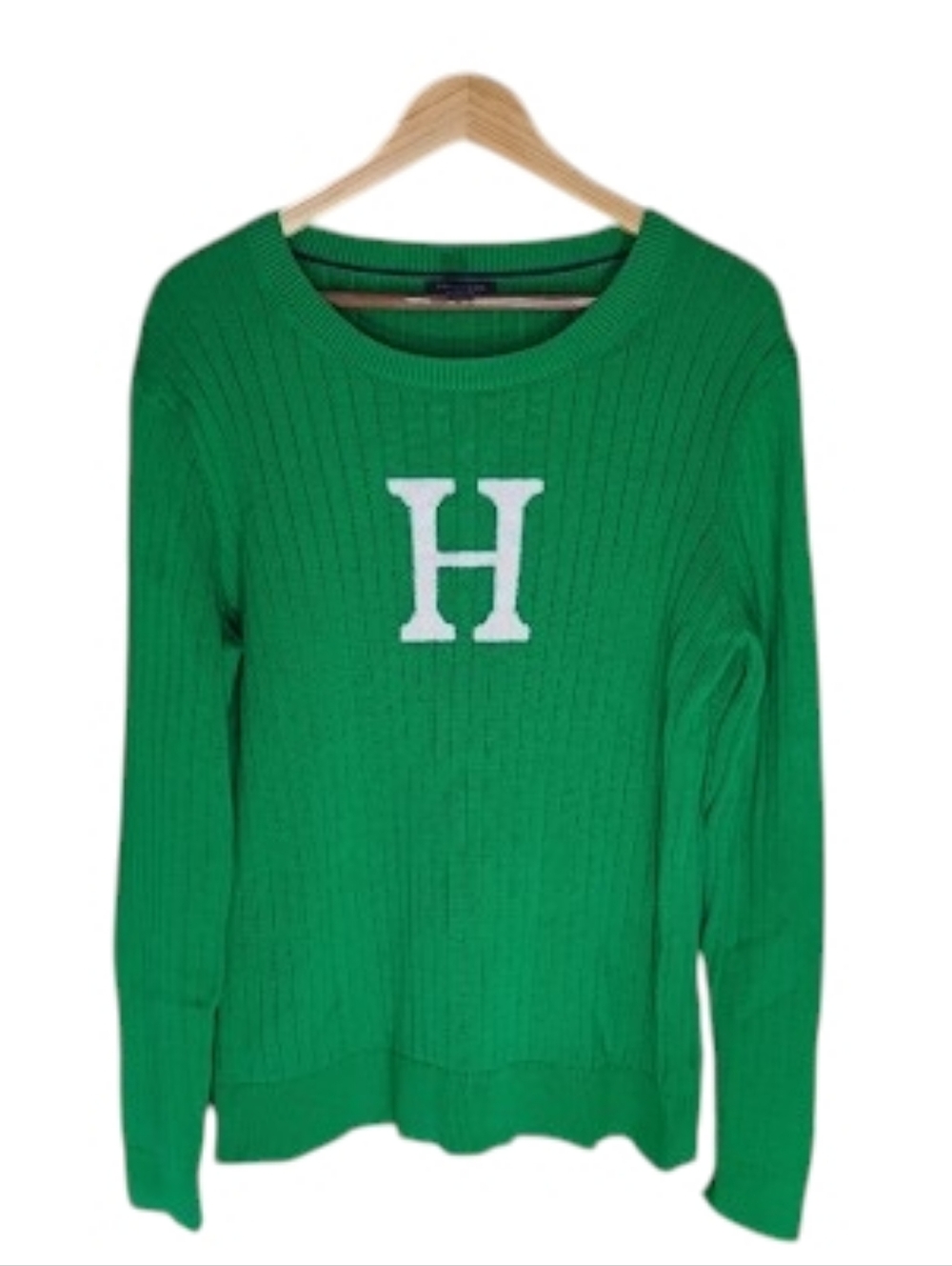 Tommy Hilfiger Green Ribbed Sweater with White 'H' Logo Sz XL
